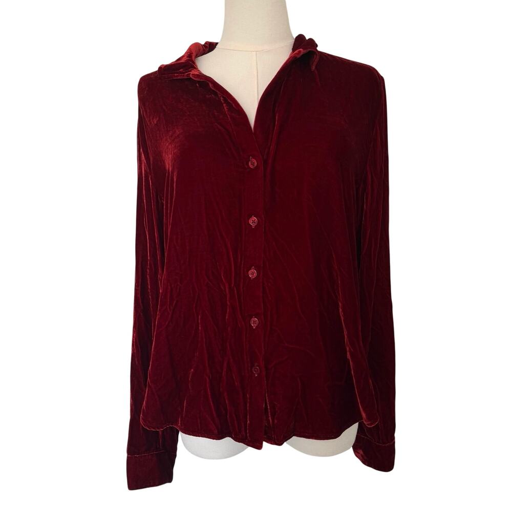 Bella Dahl (S) Red Velvet Silk Blend Button Down Shirt Wine Holiday Boho